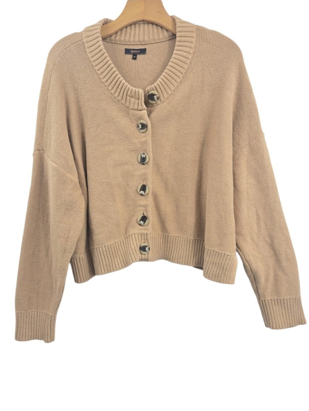 Quince Organic Cotton Cropped Cardigan Sweater Button Camel - Picture 2 of 12